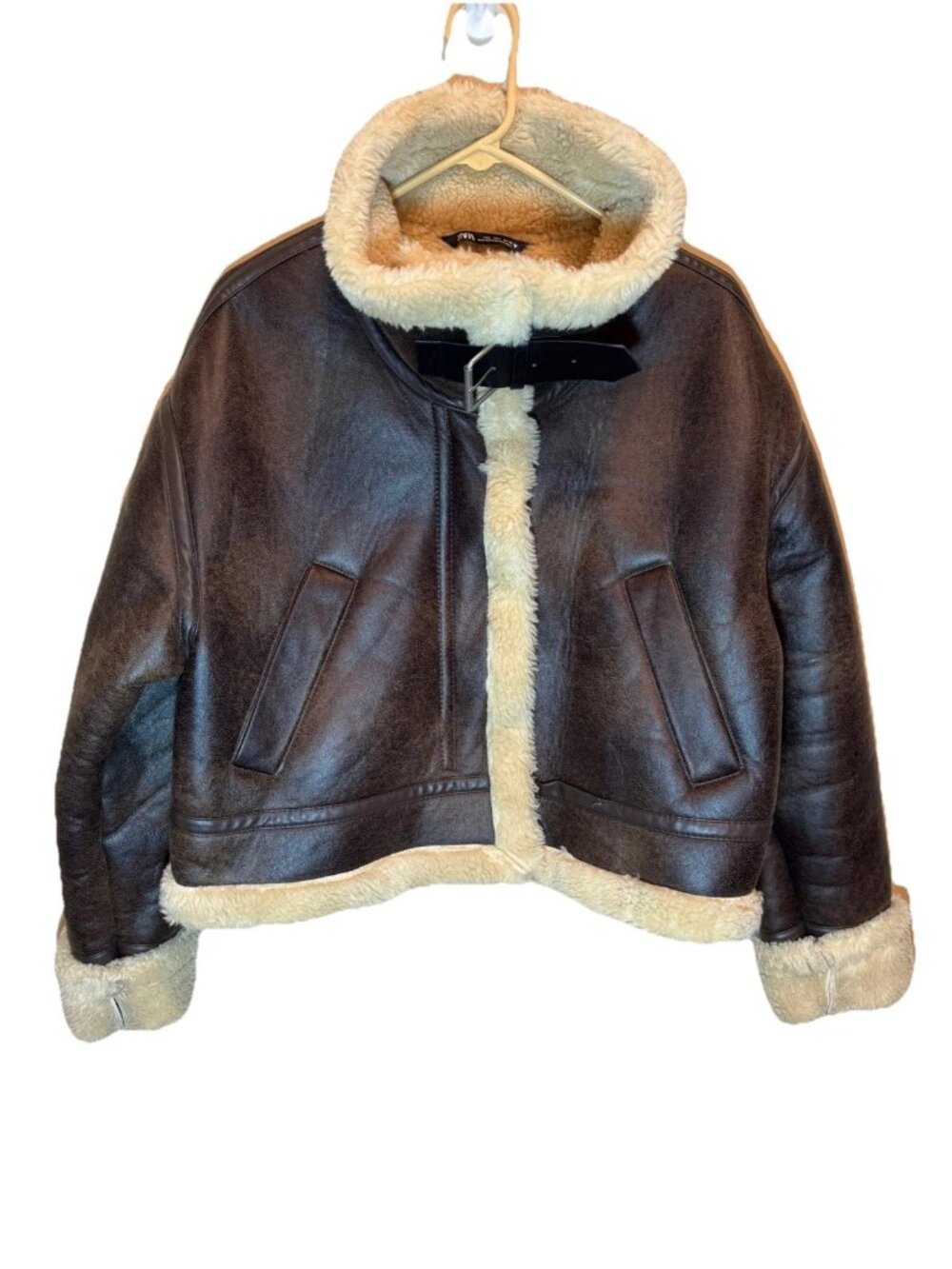 Zara Womens Brown Faux Leather Aviator Jacket Shearling Trim Cropped Sz L Bomber